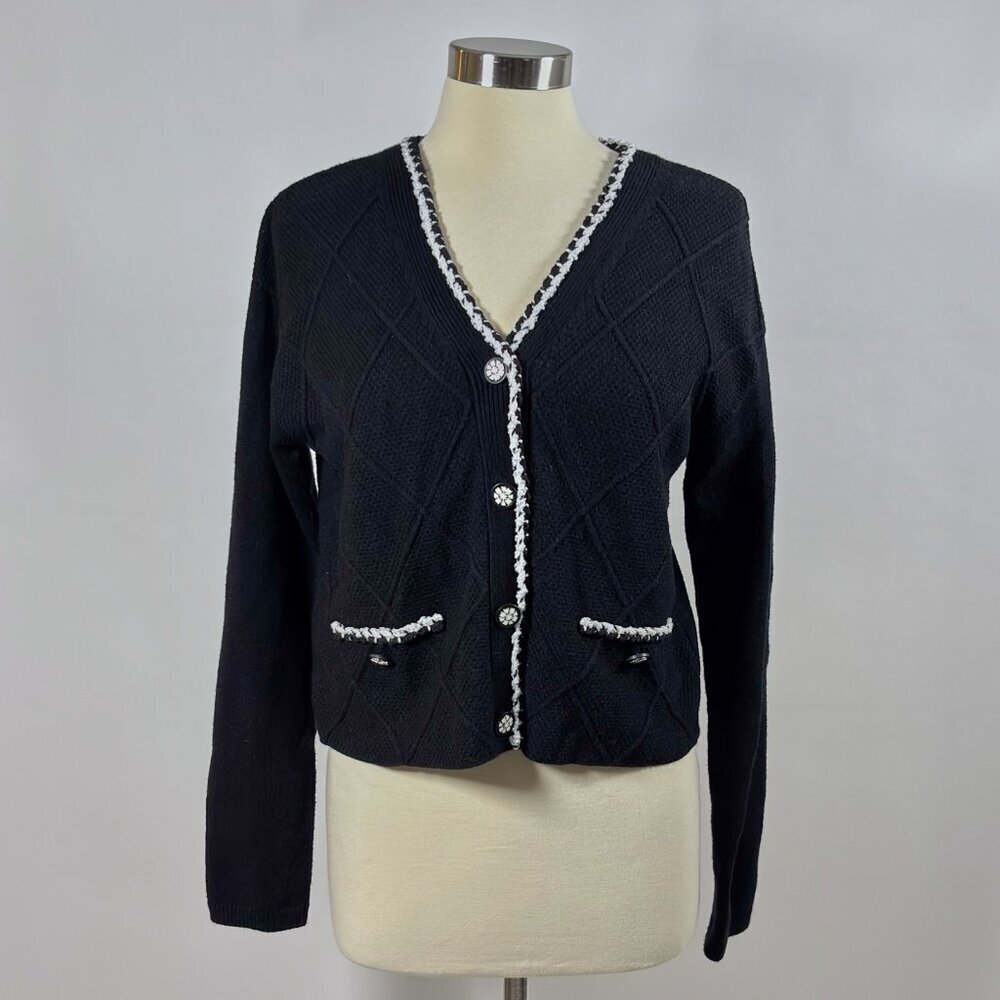 Laundry by Shelli Segal Diamond Design Black White Crochet Cardigan - Medium